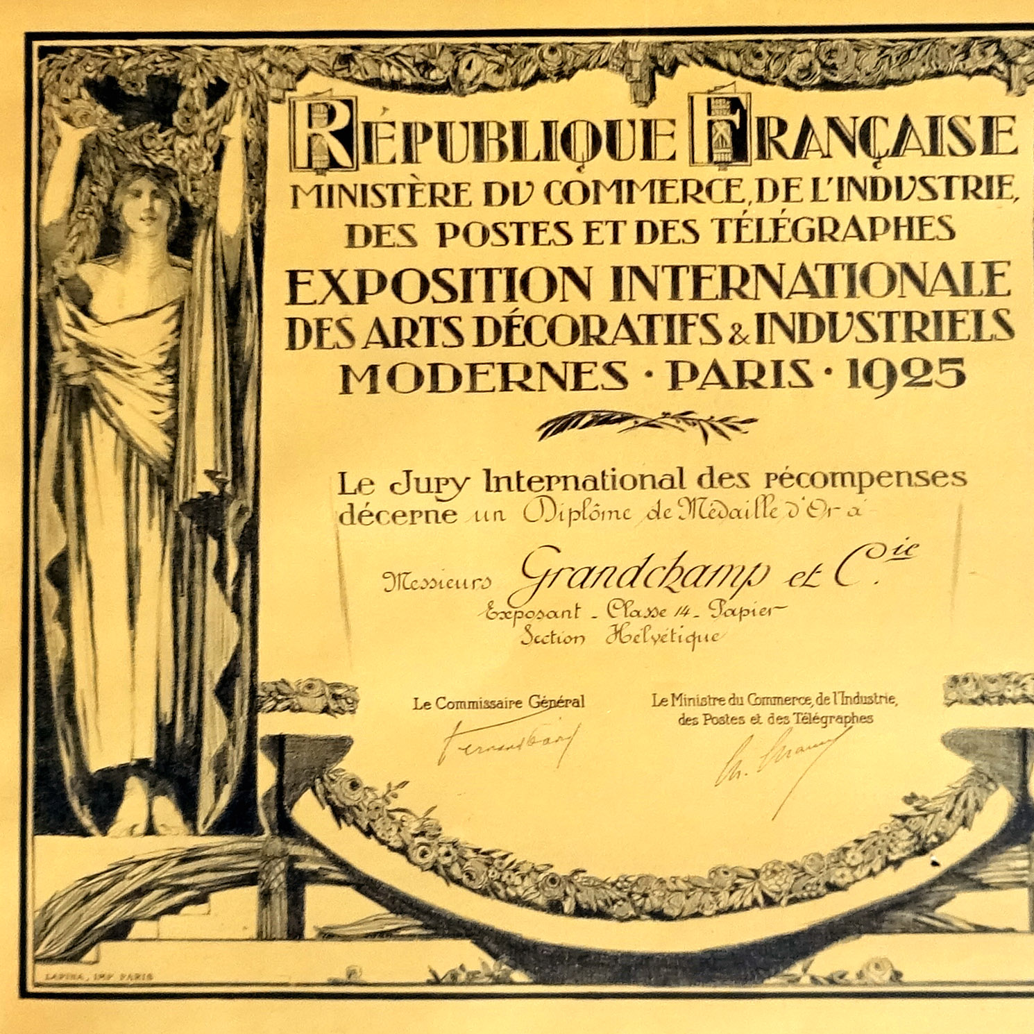 diplôme encadré de l'exposition des arts décoratifs de Paris en 1925