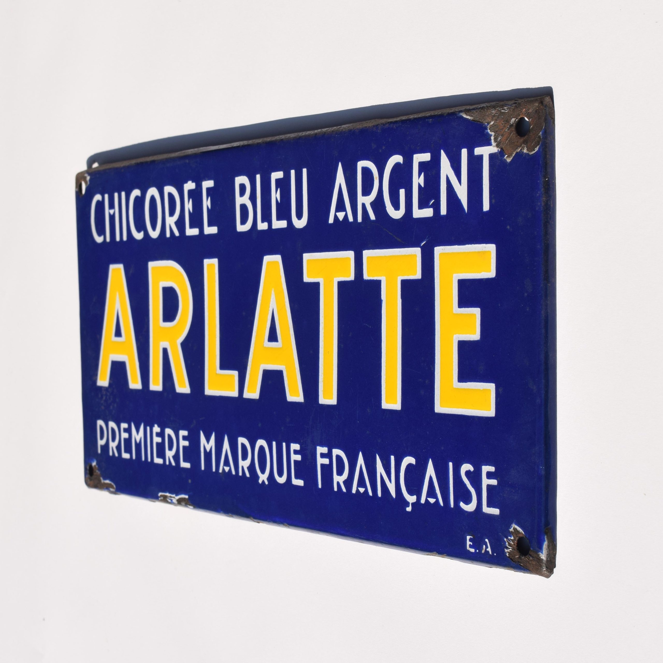 Chicorée bleu argent Arlatte première marque française. Tôle émaillée publicitaire des années 1930. Produite par l'émaillerie Alsacienne. EAS