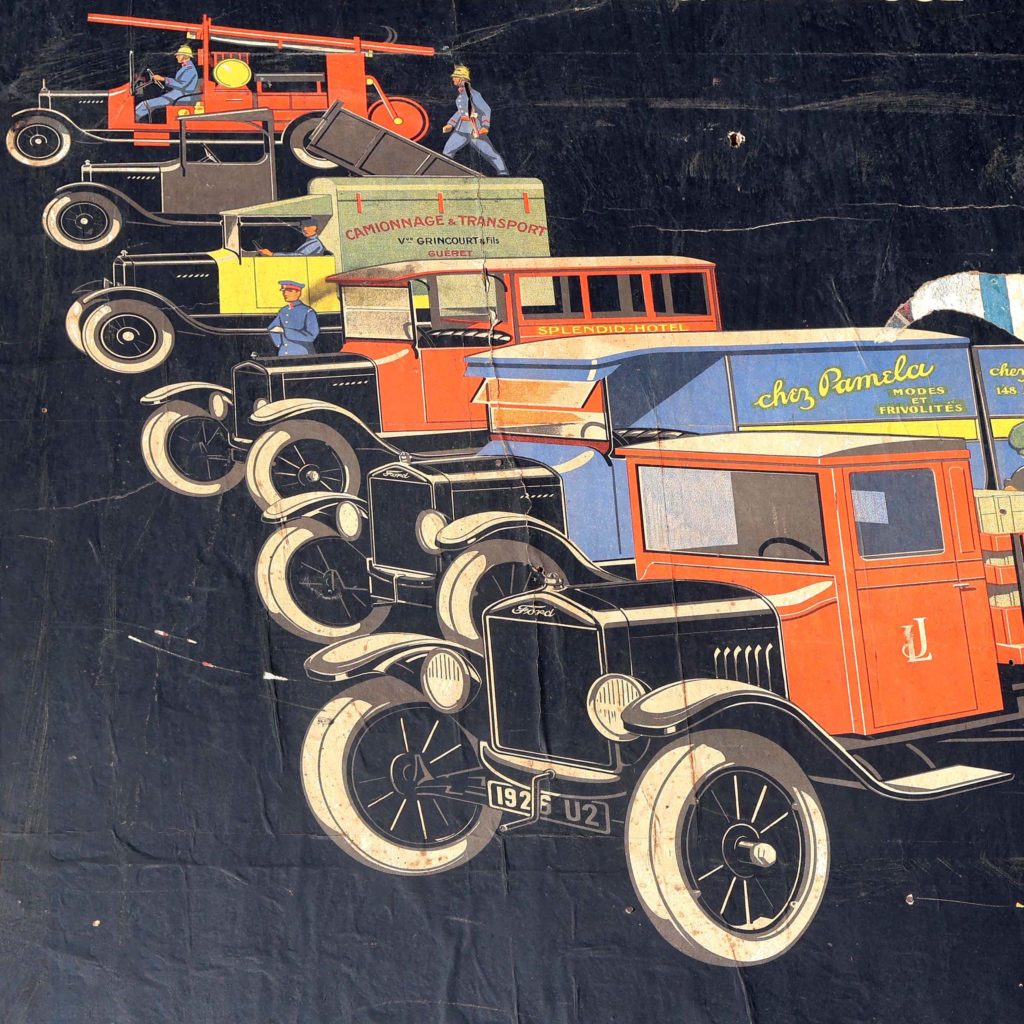 Illustration de camionnettes Ford dessin publicitaire en couleur, vers 1926. Affiche ancienne collée sur un panneau en bois