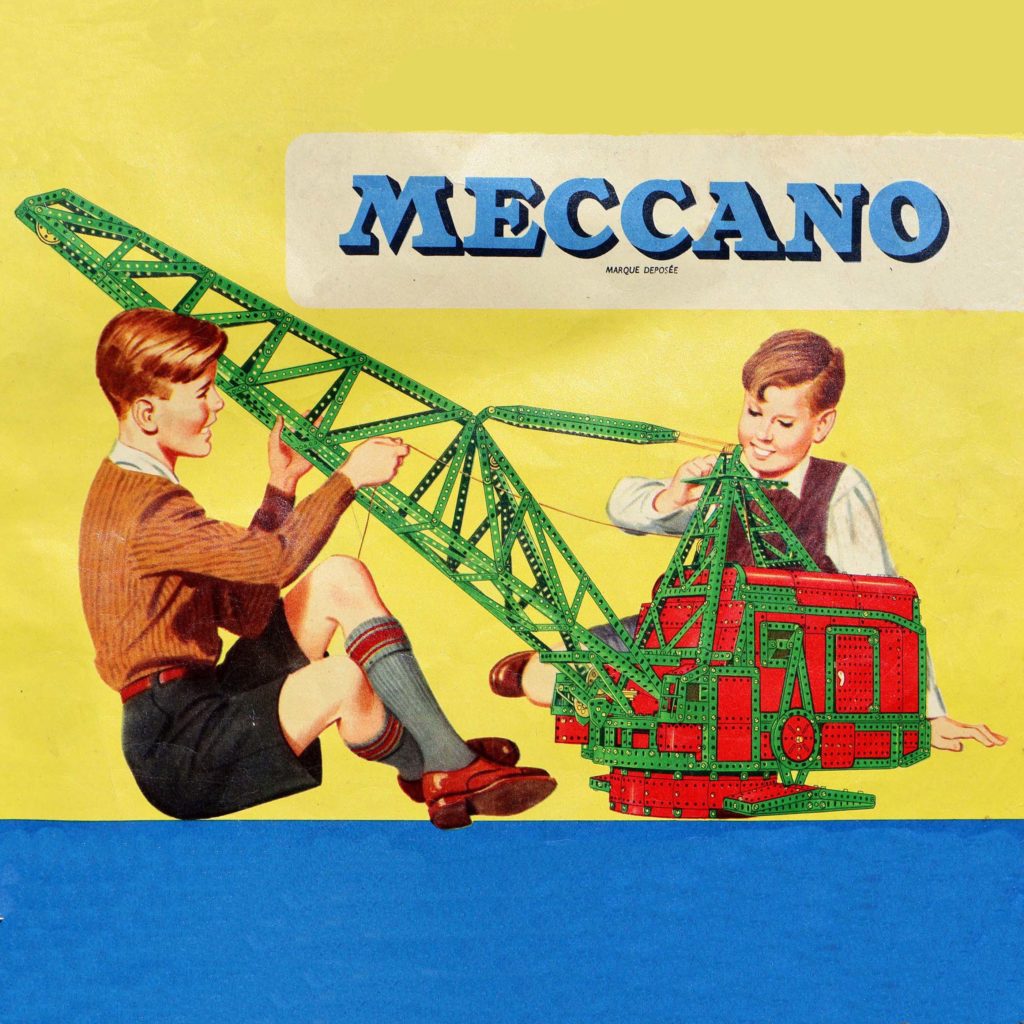 Illustration publicitaire des années 1950. Enfants avec grue mobile Meccano. Jouets d'enfants pour futurs bricoleurs mécaniciens.