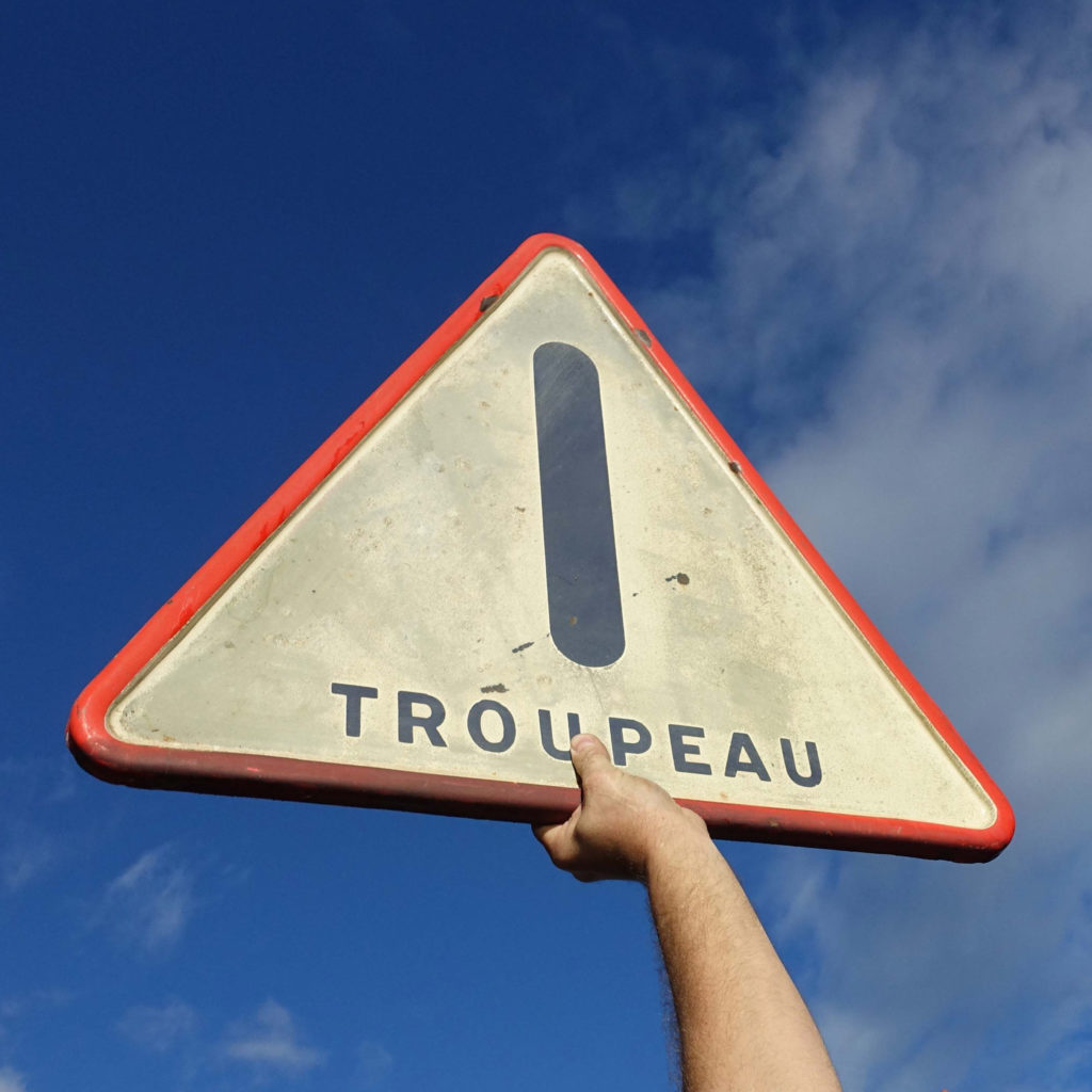 Attention troupeau panneau de signalisation en tôle émaillée des années 1960. Grand format triangulaire avec bordure en relief. Patiné.