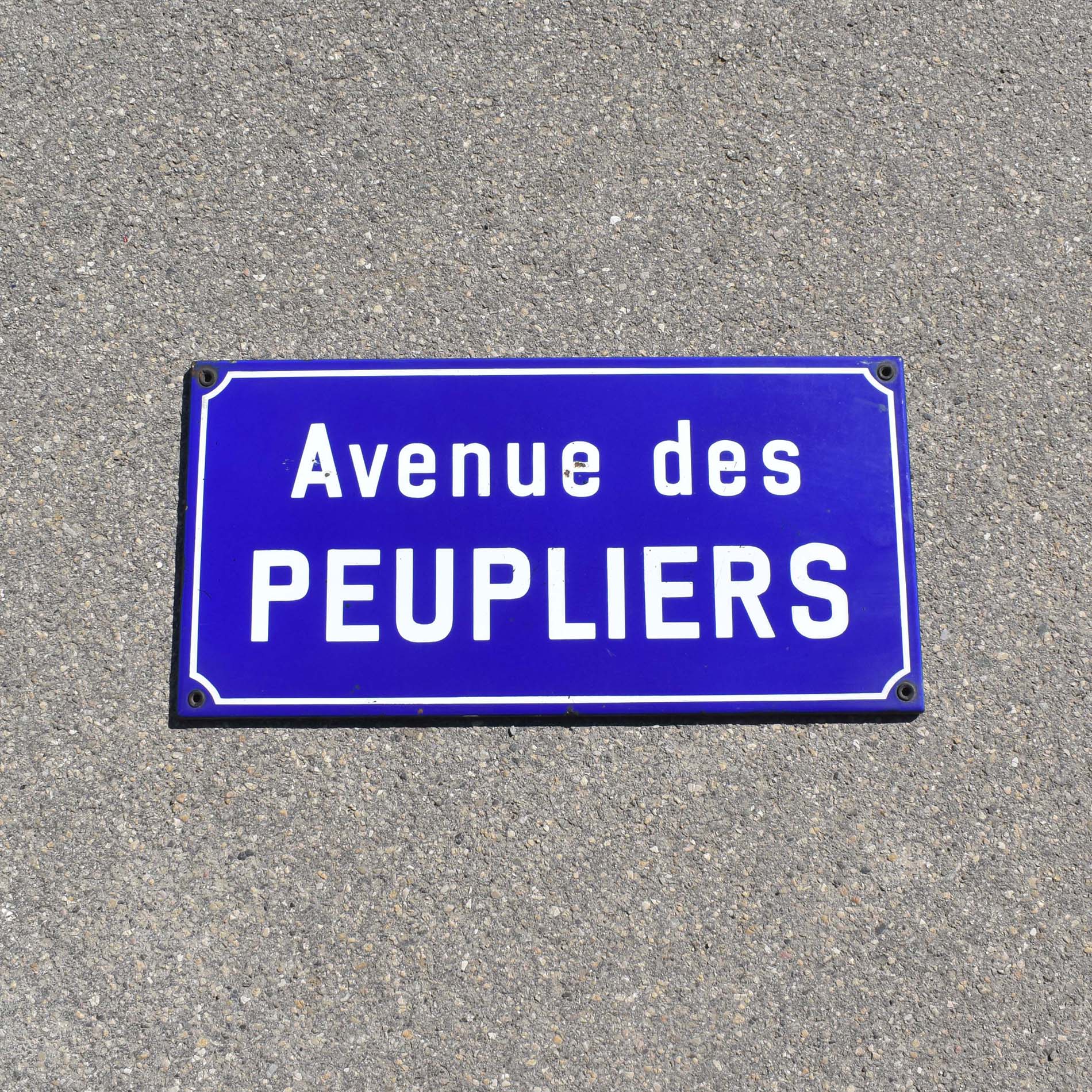 Plaque de rue émaillée, de la ville Suisse de Pully, près de Lausanne. Avenue des peupliers, couleur bleu cobalt.